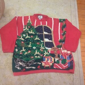 VTG Tiara International Ugly Christmas Tree & Gifts Bows Sweater  Large Red